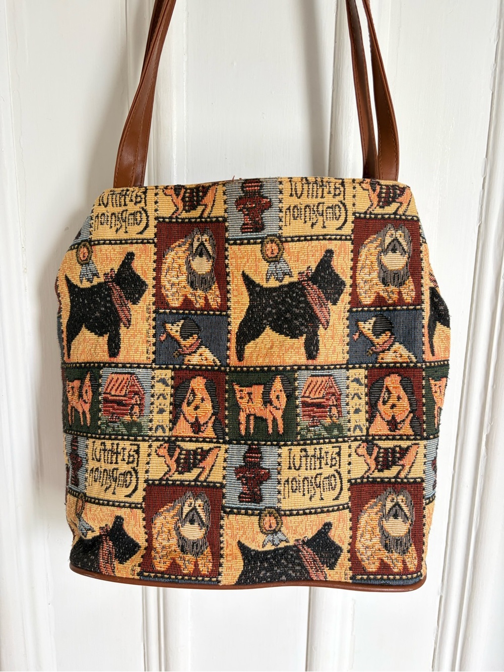 Vintage Tapestry Tote Bag With Dog Print